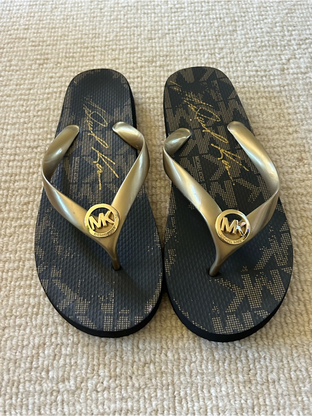 Michael Kors Men’s Gold and Black Logo Flip Flops